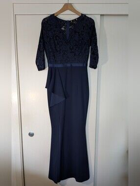 MISSMAY Women's Navy Floral Lace Half Sleeve Evening Party Ruffle Formal Long